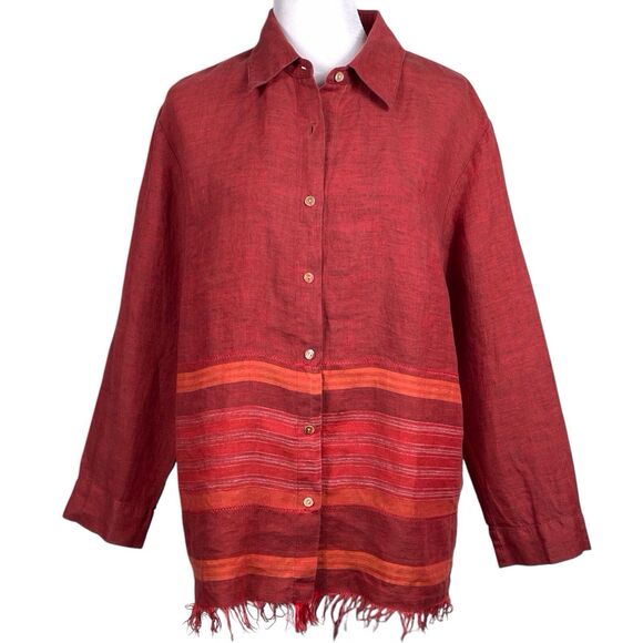 Garnet Hill Linen Blouse 14 Terracotta Red Orange Stripes Fringe Hem - Picture 4 of 16